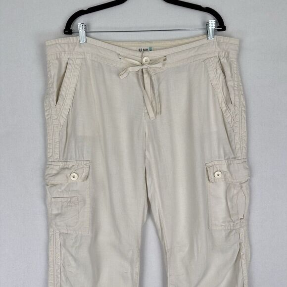 Old Navy Pants Womens 16 Ivory Straight Leg Relaxed Cargo 100% Linen Breathable - Picture 2 of 16